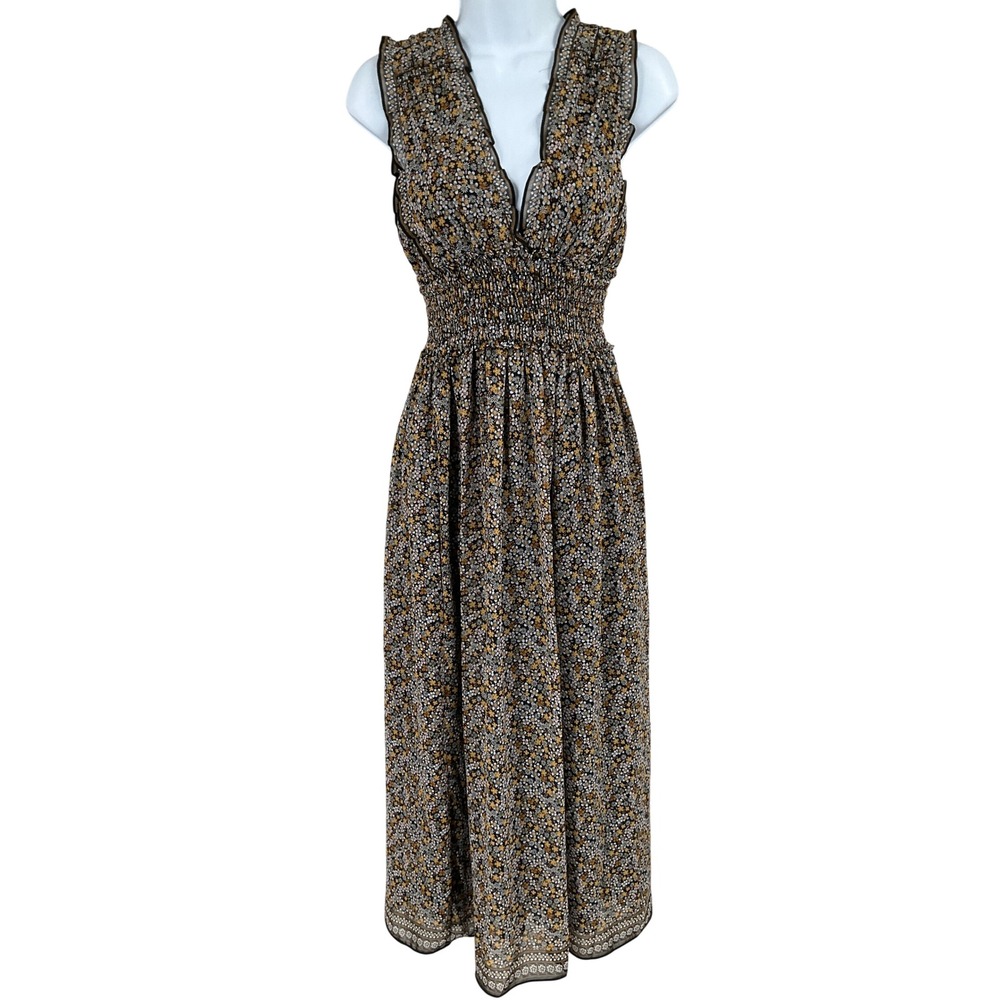 Max Studio Maxi Dress Womens XS Black Floral Sleeveless Smocked Boho V-Neck